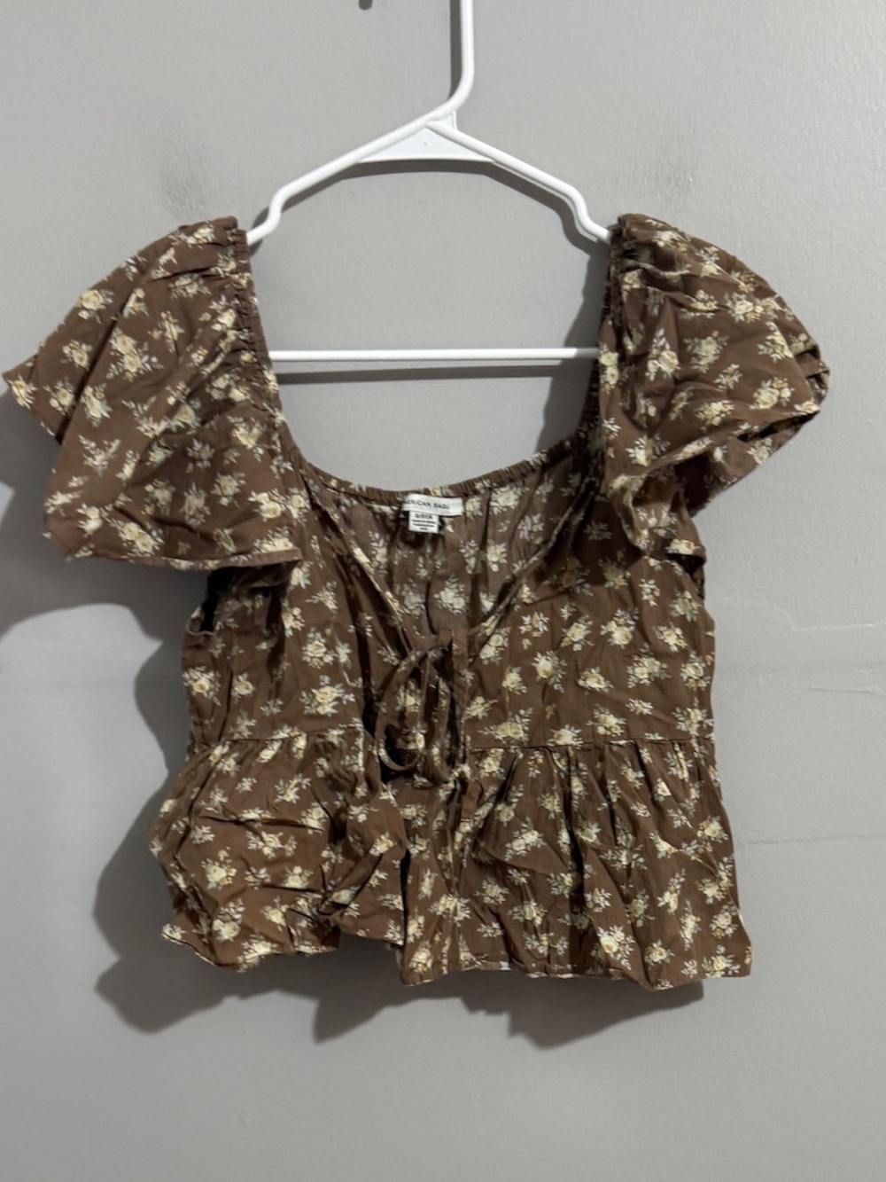 American Eagle Top Women S Brown Floral Peplum Puff Sleeve Tie Front Cottagecore - Picture 3 of 11